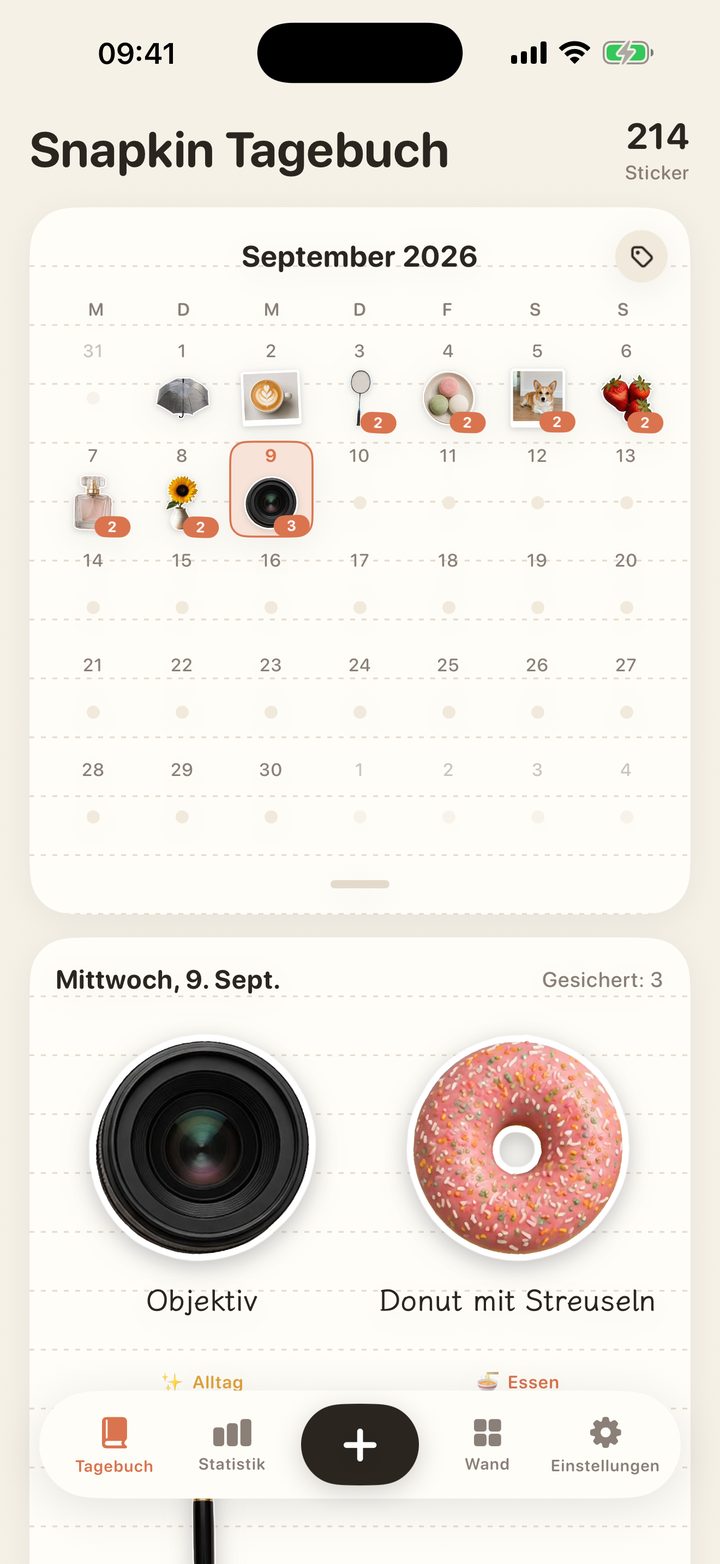 Der ganze Monat aufgeklappt, in jeder Zelle der Titel-Sticker des Tages