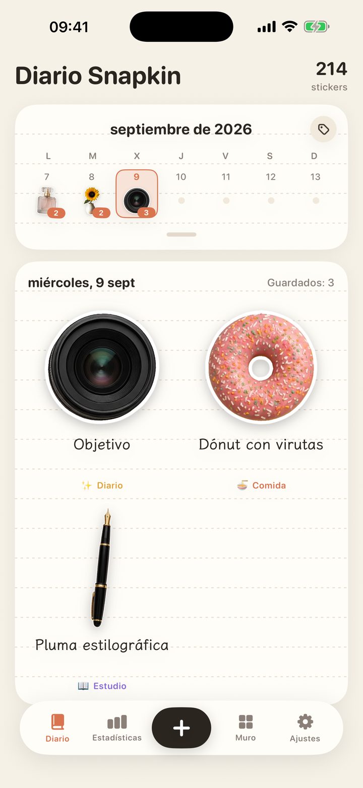 Página de diario de Snapkin: la fila de esta semana y los stickers de hoy