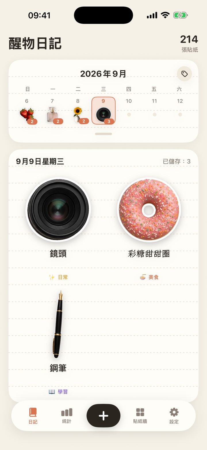 醒物日記頁:本週週條與今天的貼紙